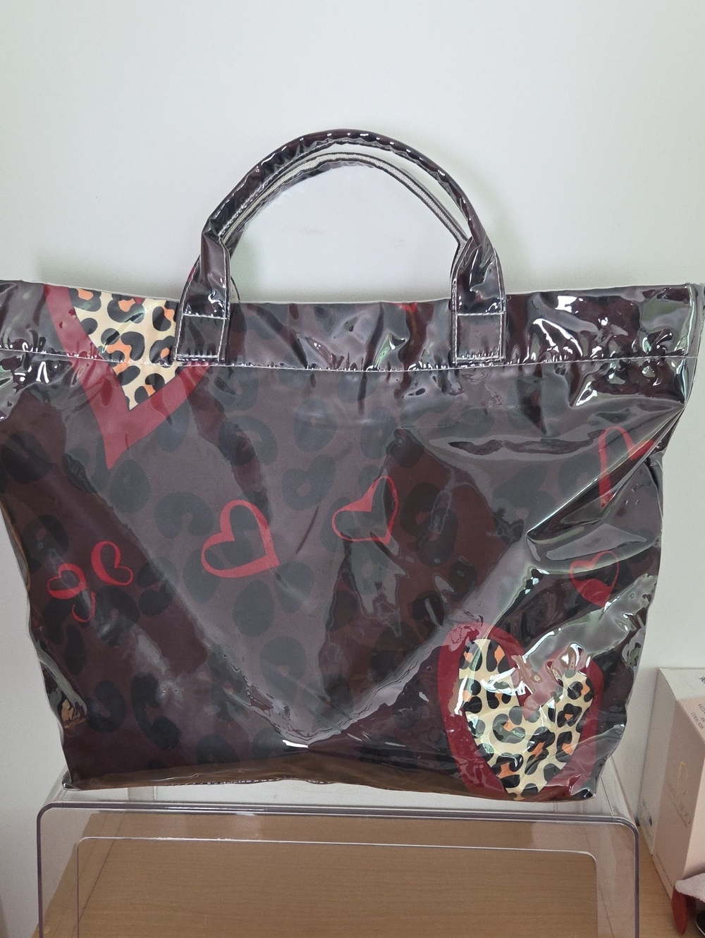 Women's Clear Coated Tote Bag with Leopard Heart Print - Brown/Red NWOT